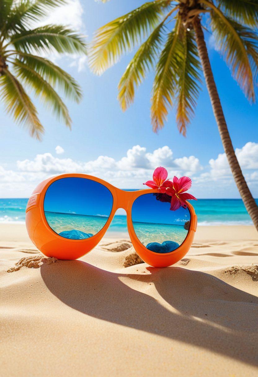 A vibrant beach scene featuring an array of trendy bikinis displayed on a sandy shore, with palm trees swaying in the background. The ocean waves softly crash, reflecting the golden sunlight, while tropical flowers add a splash of color. A playful beach ball and sunglasses are artistically scattered to convey a fun summer vibe. The overall atmosphere is inviting and cheerful, evoking a sense of relaxation and adventure. super-realistic. vibrant colors. bright blue sky.
